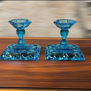 Pair of Tiara Exclusive Horizon Blue Candleholders - Rare